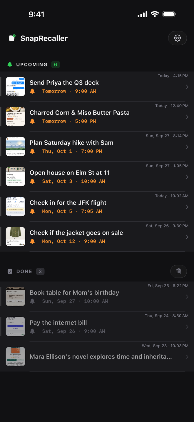 The SnapRecaller list: upcoming reminders, each with its screenshot thumbnail, note and time