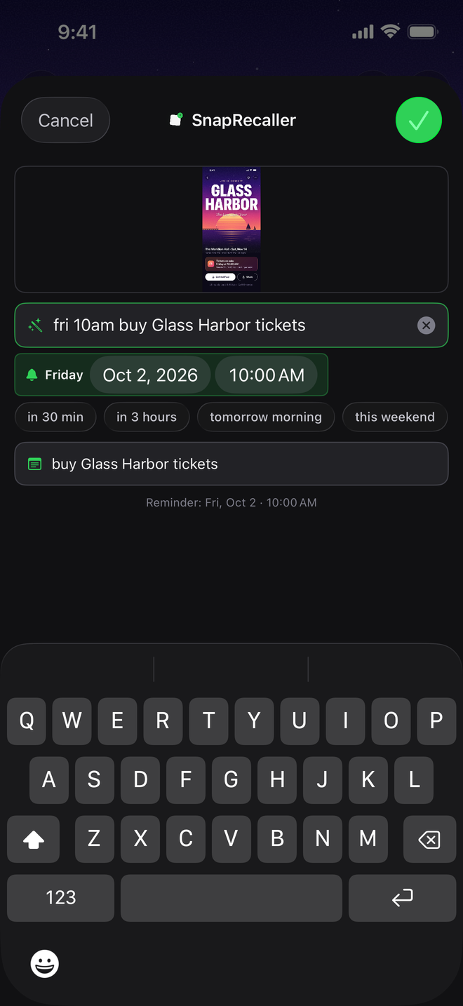 Filing a screenshot: typing “fri 10am buy Glass Harbor tickets” splits into a Friday 10:00 AM reminder and a note