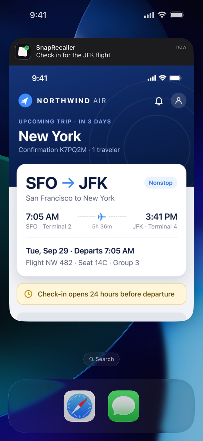A SnapRecaller notification expanded to show the saved flight screenshot